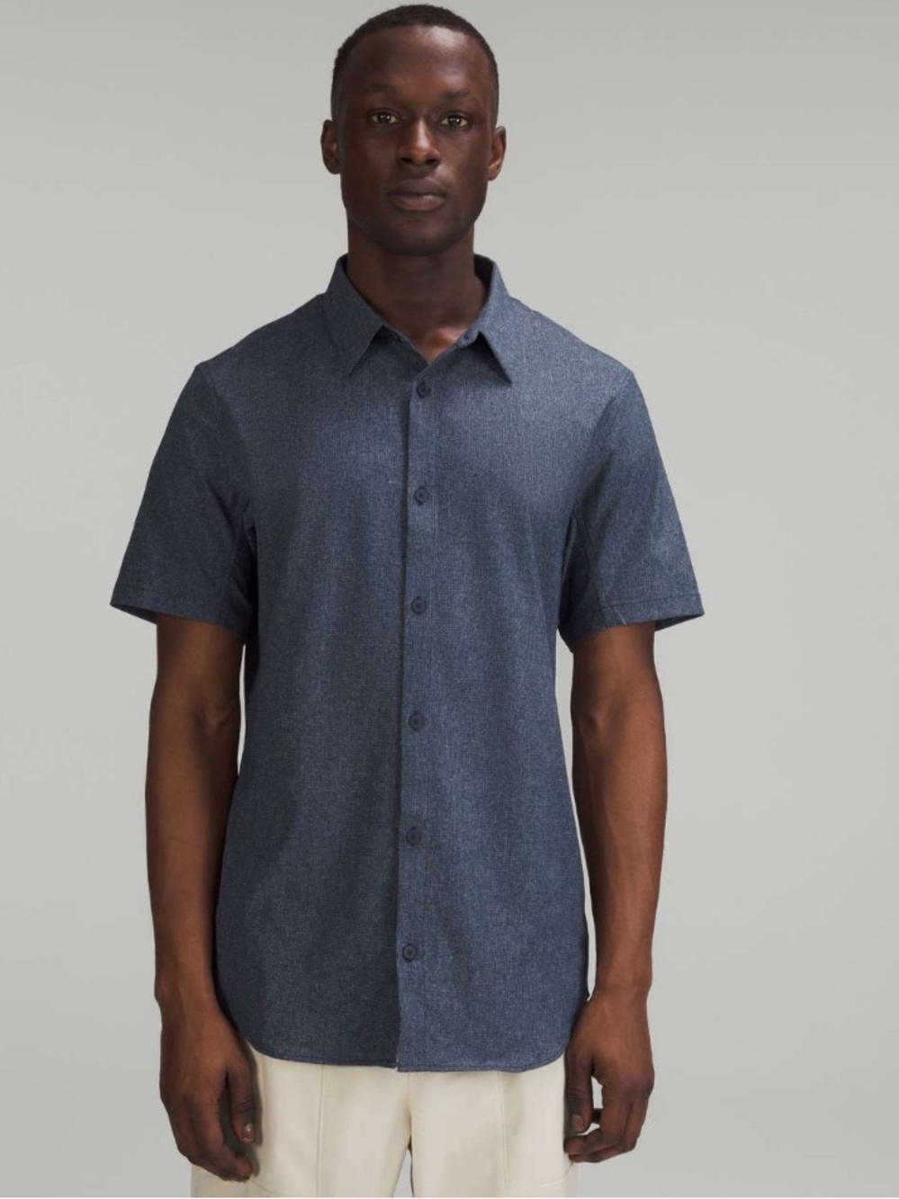 Lululemon Airing Easy Short-Sleeve Button Down Shirt Heathered True Navy Medium?